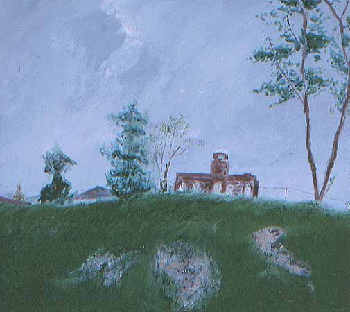 SCHOOL ON A HILL; oil on canvas,; approx. 24" x 30"; c. 1990